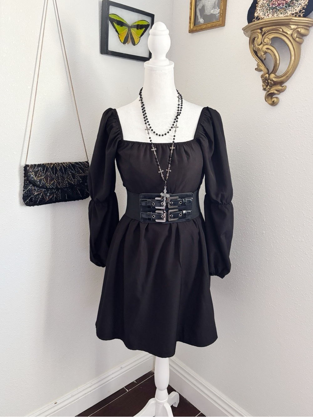 Black goth mini dress with puff sleeves, smocked back and zipper closure Small